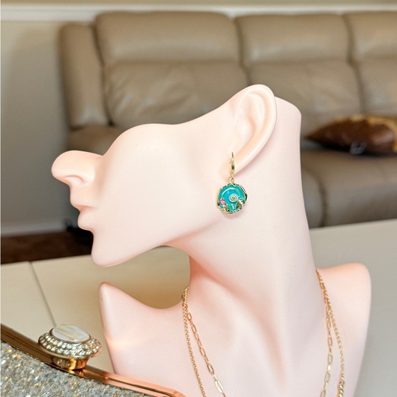 Elegant Gold and Blue Floral Earrings - Picture 3 of 10